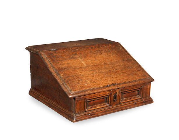 An oak and snakewood-veneered joined desk box, Dutch, circa 1660