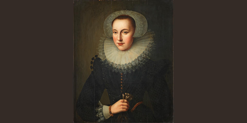 Follower of Cornelis van der Voort (Antwerp 1576-1624 Amsterdam) Portrait of a lady, half-length, in a black dress and a white lace ruff,