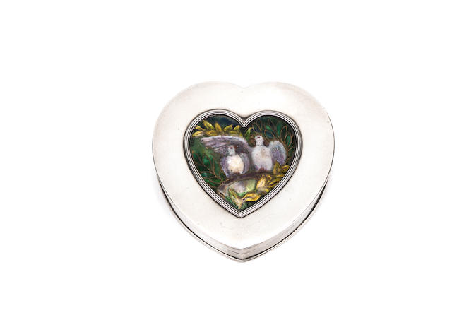 An Arts & Crafts Silver Heart-Shaped Box by Child & Child; with inset enamel by Madeline Wyndham LONDON HALLMARKS; 1899-1900