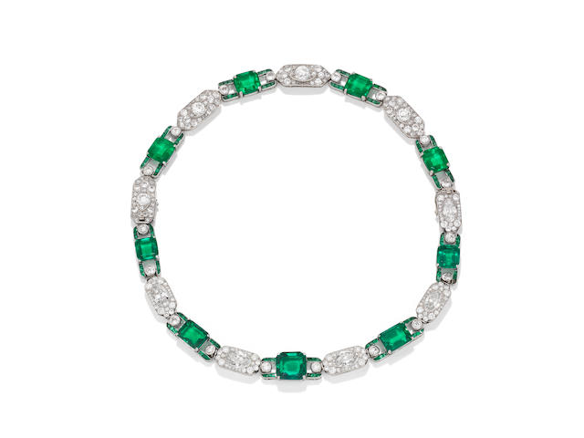 An art deco emerald and diamond necklace/bracelet combination,