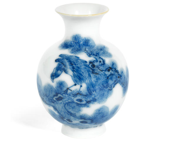 A miniature blue and white 'eagle and pine' baluster vase Yongzheng seal mark, attributed to Wang Bu, circa 1920-25 (2)
