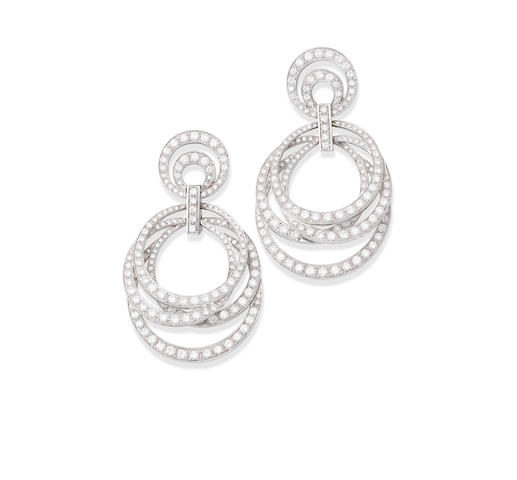 Bonhams : A pair of diamond pendent earclips, by Moussaieff