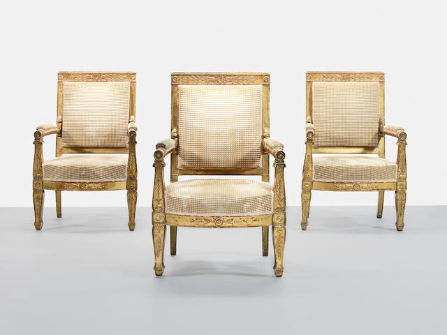 A set of three Empire carved giltwood 'Palais des Tuileries' fauteuils by Francois-Honore-Georges Jacob-Desmalter (1770-1841) With Tuileries inventory stamps from the Restauration period (3)