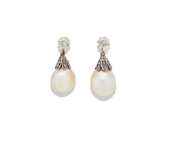 Bonhams : A pair of natural pearl and diamond pendent earrings
