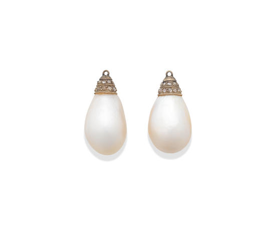 Bonhams : A pair of natural pearl and diamond pendants