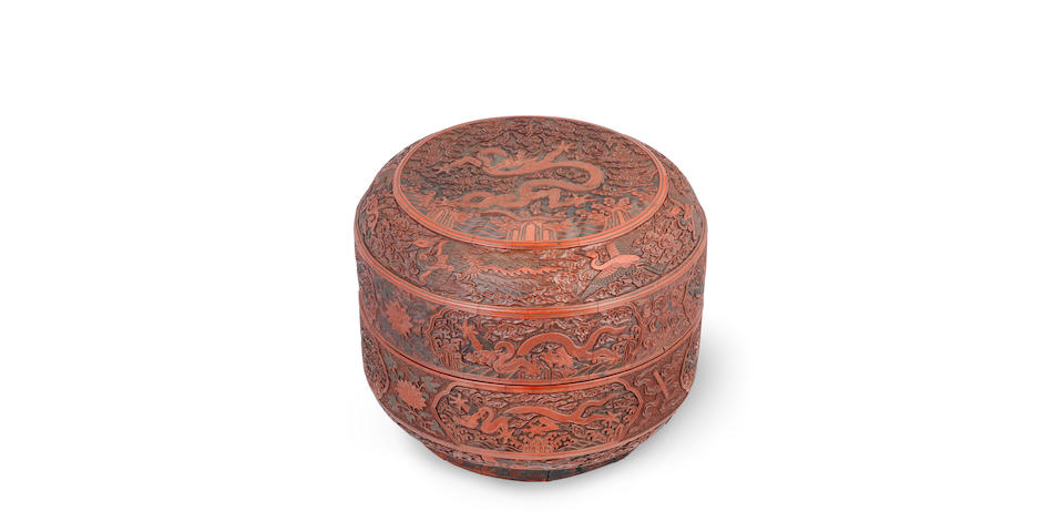 A very rare and large Imperial carved polychrome lacquer 'nine dragon' box and cover Jiajing six-character mark and of the period (2)