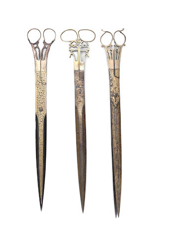 Three pairs of Ottoman gold-damascened calligrapher's scissors Turkey, 19th Century (3)