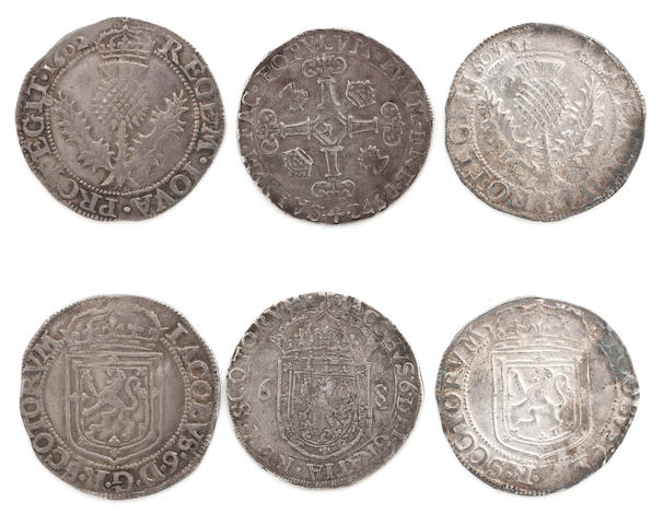 James VI Half Merk 1572, S5478, VF; James VI Thistle merk, 1602, S5497, VF; James VI Thistle merk, 1603, S5497, good VF (3)