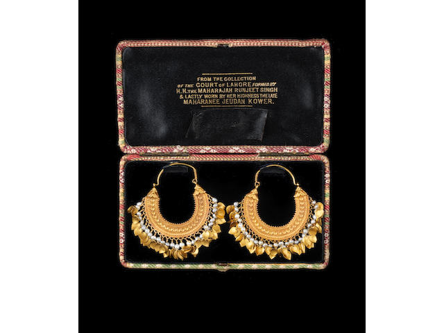 A pair of gold pendent earrings from the collection of Maharani Jindan Kaur (1817-63), wife of Maharajah Ranjit Singh, the Lion of the Punjab (1780&#8211;1839) Punjab, probably Lahore, first half of the 19th Century(3)