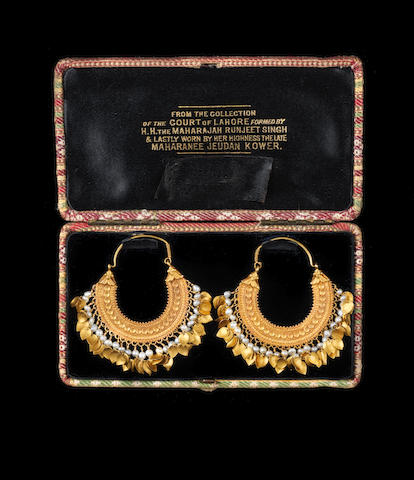 A pair of gold pendent earrings from the collection of Maharani Jindan Kaur (1817-63), wife of Maharajah Ranjit Singh, the Lion of the Punjab (1780&#8211;1839) Punjab, probably Lahore, first half of the 19th Century(3)