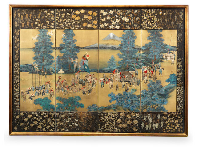 A large and fine ornamental padded-textile screen  Meiji era (1868-1912), mid/late 19th century
