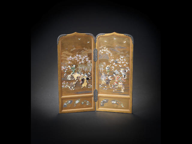 A gold-lacquer and Shibayama style two-panel folding screen  By Masaaki, Meiji era (1868-1912), late 19th/early 20th century