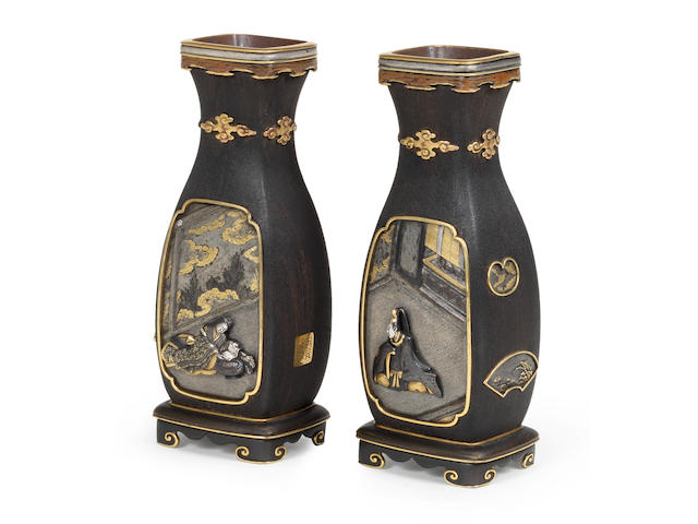 A fine and unusual small pair of inlaid four-sided wood vases Attributed to Tsukahara Katao, Meiji era (1868-1912), late 19th/early 20th century (2)