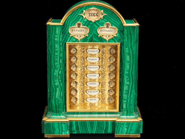 A gilt-bronze mounted malachite perpetual calendarProbably Peterhof Imperial Lapidary Works with mounts by Nichols and Plinke, circa 1855