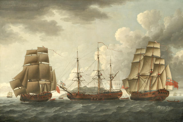 John Cleveley the Elder (Southwark circa 1712-1777 Deptford) H.M.S. Tryall in three positions off Antigua