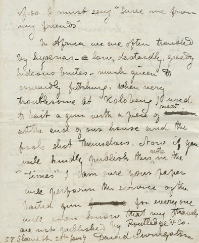 LIVINGSTONE (DAVID)  Autograph letter signed ("David Livingstone"), to the Editor of the Times, 25 January no year [1857]