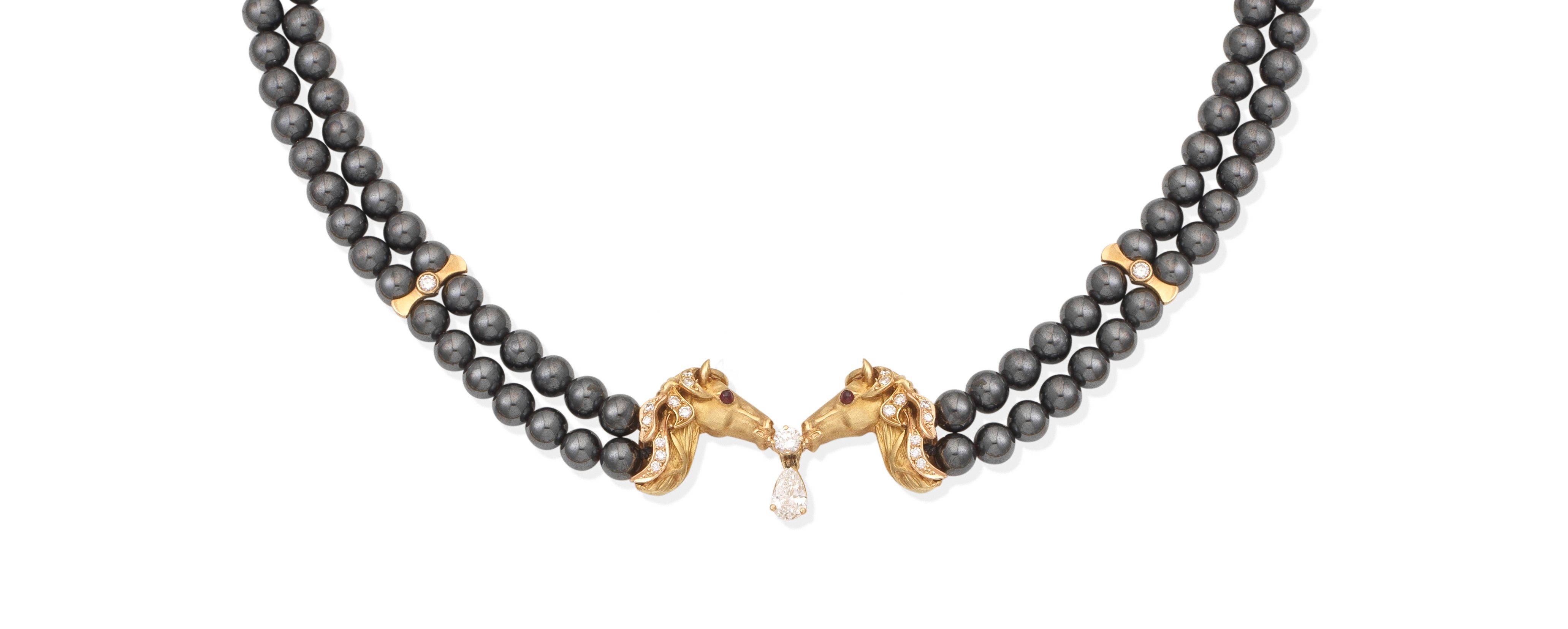A hematite, ruby and diamond necklace