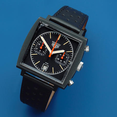 Heuer. A stainless steel and DLC coated manual wind chronograph cushion form wristwatch  Monaco "Dark Lord", Ref: 74033, Circa 1974