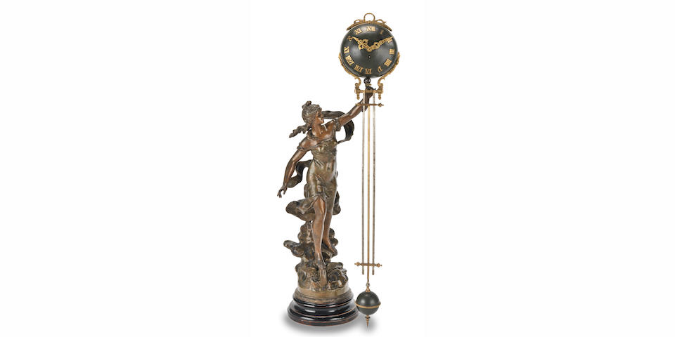 An early 20th century French patinated spelter figural novelty mystery timepiece the figure cast after Louis August Moreau (French, 1855-1919)