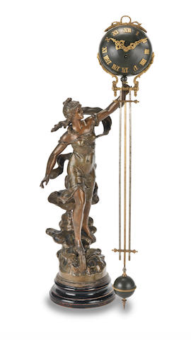An early 20th century French patinated spelter figural novelty mystery timepiece the figure cast after Louis August Moreau (French, 1855-1919)