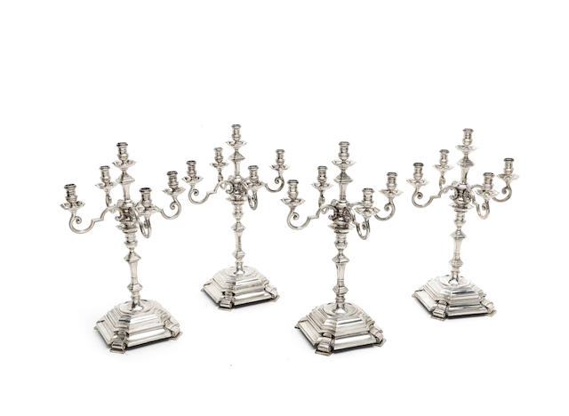 A set of four five-light silver candelabra from the Painted Hall at Greenwich by Goldsmiths & Silversmiths Co Ltd, London 1938  (4)