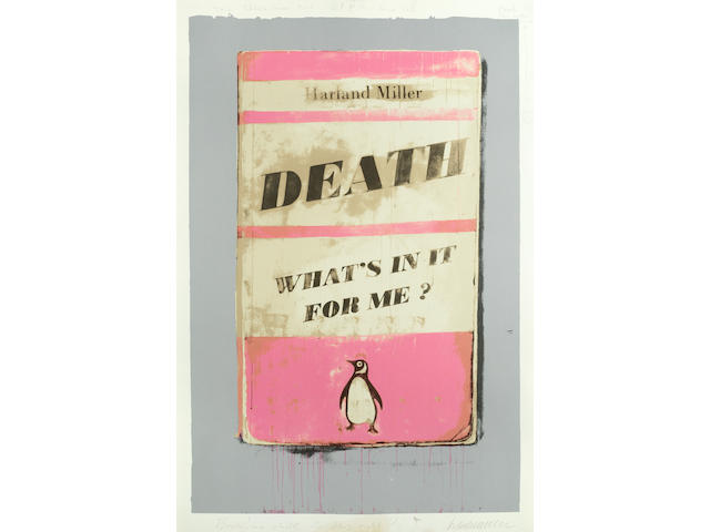 Harland Miller (British, born 1964) Death, What's in it for Me?  Screenprint in colours with extensive hand-colouring in oil and acrylic, 2014, on Somerset, signed, dated and inscribed 'The Bubble Gum Pink is infact M.H. series 142' and 'Beauty! We should do this right?' and further variously annotated in pencil, one of ten unique artist's proofs, the full sheet, 957 x 660mm (37 5/8 x 25 7/8 in)(SH)
