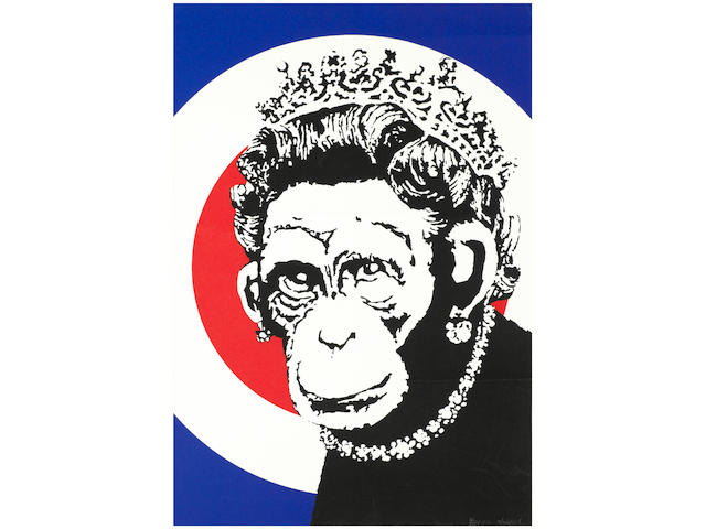 Banksy (British, born 1975) Monkey Queen Screenprint in colours, 2003, on wove, signed and dedictaed with a heart, present box and initials 'HS' in pencil, a proof aside the numbered edition of 150, printed and published by Pictures on Walls, London, the full sheet, 493 x 342mm (19 3/8 x 13 1/2in)(unframed)