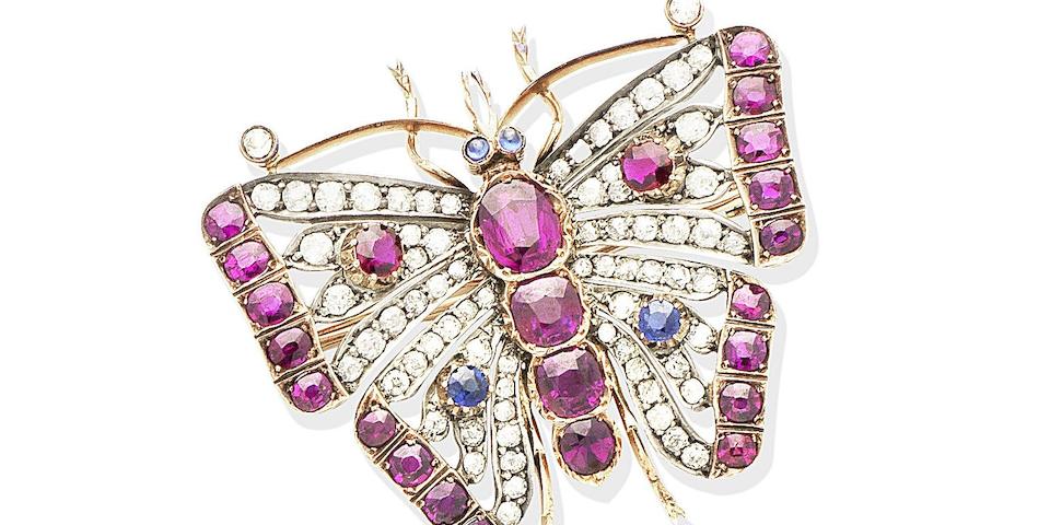 A ruby, sapphire and diamond butterfly brooch, circa 1890