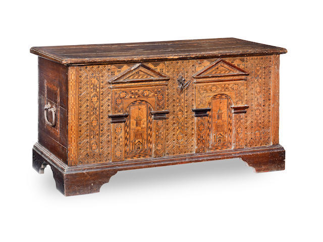 A late 16th century Anglo-German oak, beech and fruitwood parquetry and marquetry-inlaid 'Nonsuch' chest, circa 1580