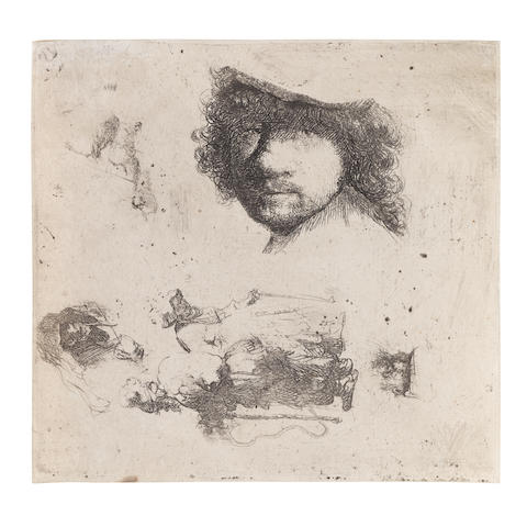 Rembrandt Harmensz. van Rijn (Dutch, 1606-1669) Sheet of Studies: Head of the Artist, a Beggar Couple, Heads of an Old Man and Old Woman Etching, 1632, on laid paper, without watermark, a very good impression of New Hollstein's second, final state, with thread margins, some cockling to the upper sheet, otherwise in good condition Plate 100 x 105mm. (3 3/4 x 4 1/8in.); Sheet 102 x 107mm. (4 x 4 2/8in.)