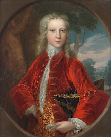 Bartholomew Dandridge (London 1691-1755) Portrait of a boy, half-length, in a red coat, with a tricorn hat under his arm, before a landscape, within a painted oval; and Portrait of a girl as a shepherdess, half-length, in a white dress holding a lamb, before a landscape, within a painted oval  (2)