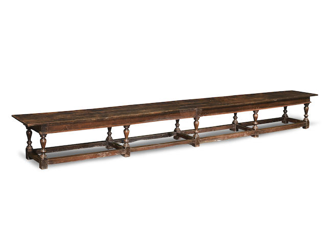 An exceptionally large and documented Charles II joined oak ten-leg refectory-type table, circa 1660