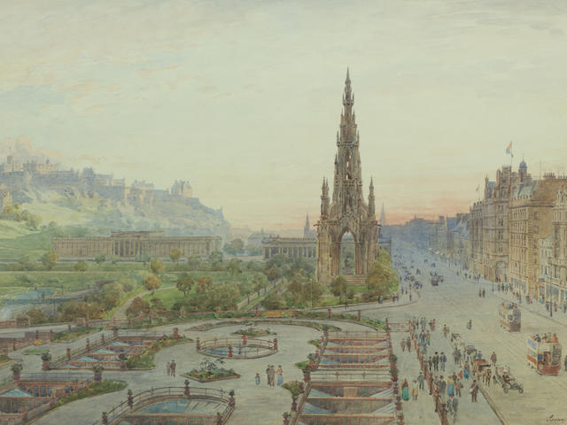James Heron (British, active 1878-1919) Edinburgh - Princes Street looking west 61 x 99 cm. (24 x 39 in.)