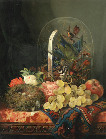 Ellen Ladell (British, born circa 1853-) Still life of flowers and birds in a glass dome