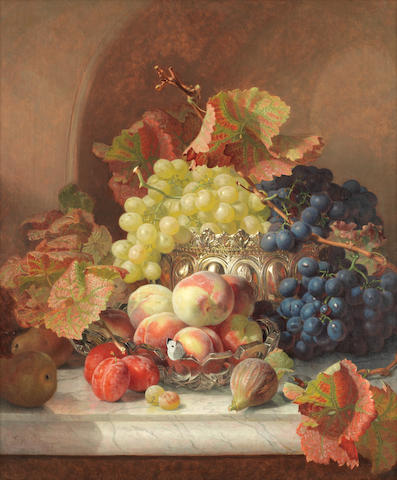 Eloise Harriet Stannard (British, circa 1828-1915) Still life of fruit on a marble ledge