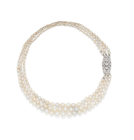 An Art Deco three-row pearl and diamond necklace,