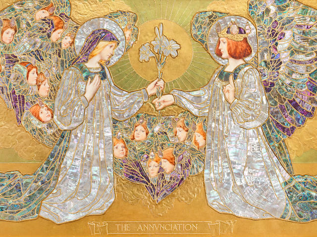 'The Annunciation': A Decorative Panel by Frank Pickford Marriott  SIGNED, INSCRIBED AND DATED 'PICKFORD/MARRIOTT/DES:ET:DEL/1901-08'; INSCRIBED 'THE ANNVNCIATION'; INSCRIBED LABEL TO REVERSE 'by/F. Pickford Marriott A.R.C.A. (London)/The Studio/18 First Avenue Walmer/PORT ELIZABETH', EXECUTED 1901-1908