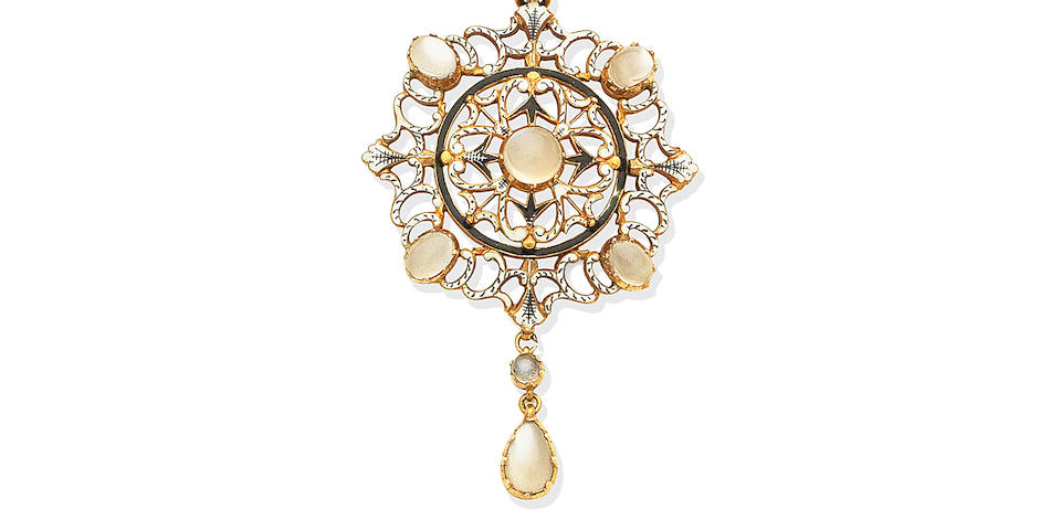An enamel and moonstone pendant, by Carlo and Arthur Giuliano,