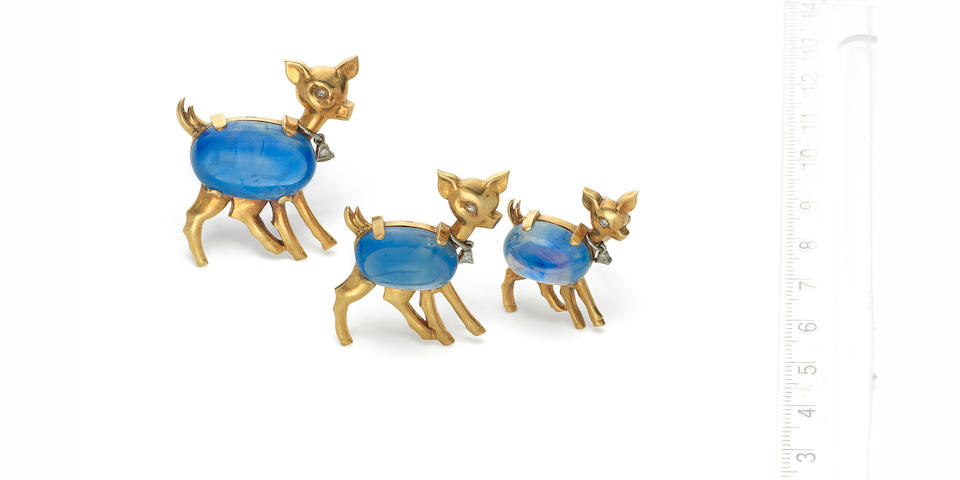 Three sapphire and diamond deer brooches, by Van Cleef and Arpels, (3)