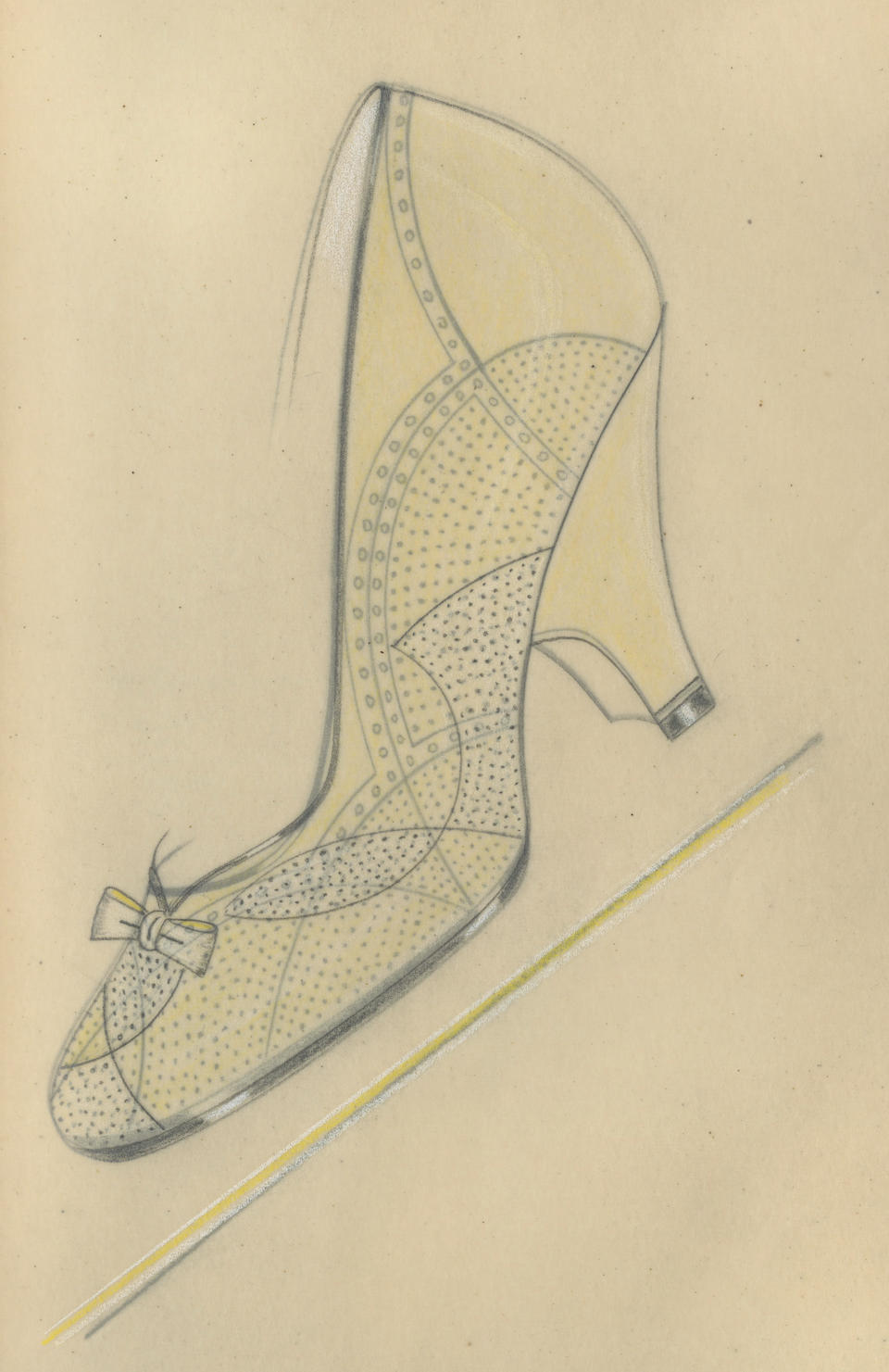 SHOE AND JEWELLERY DESIGNS Album containing approximately 165 designs for ladies' court shoes and high heels with myriad varying decorations, [probably Germany, 1950s] (2)