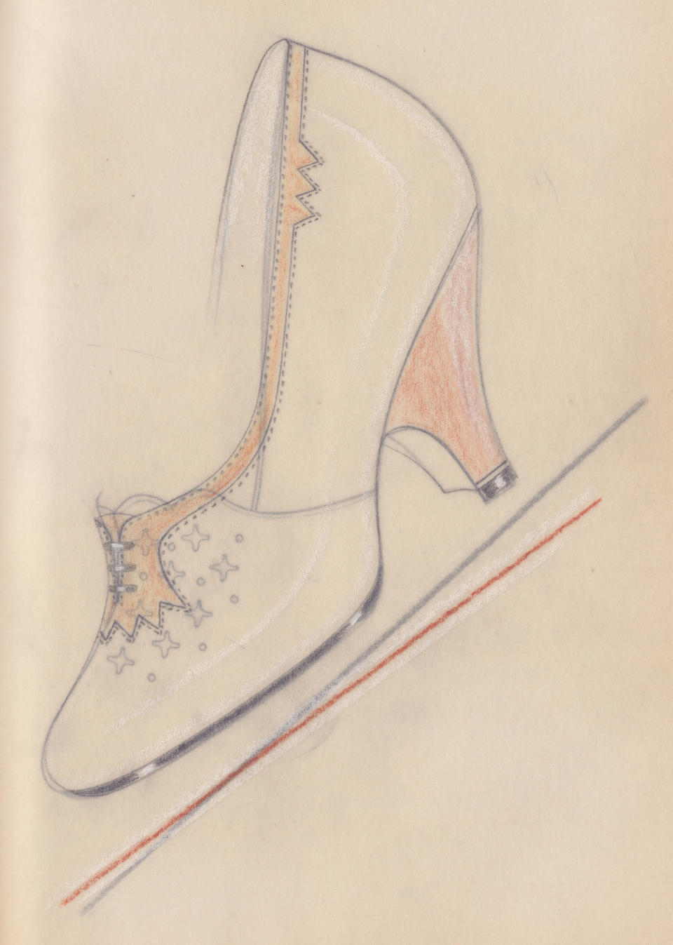SHOE AND JEWELLERY DESIGNS Album containing approximately 165 designs for ladies' court shoes and high heels with myriad varying decorations, [probably Germany, 1950s] (2)