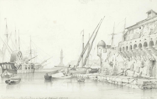 Edward William Cooke, RA (British, 1811-1880) 'Port of Genoa'; 'The Lantern & Part of Arsenal, Genoa' the first 14 x 21.5cm (5 1/2 x 8 7/16in); the second 13.5 x 21cm (5 5/16 x 8 1/4in). (2)