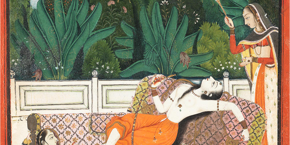 A maiden reclining languorously on a bed on a terrace, smoking a hookah, with two female attendants, perhaps an illustration to the story of Madhavanala and Kamakandala Bundi, circa 1780