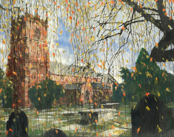 Harold Riley (British, born 1934) Parish Church of St Peter, Prestbury (together with two offset lithographs after the painting, both printed in colours, 1983, on wove, signed, dated and inscribed 'Artist's Proof', artist's proofs aside from the edition of 250, one from the special edition with matching embossed and signed folio cover (3))
