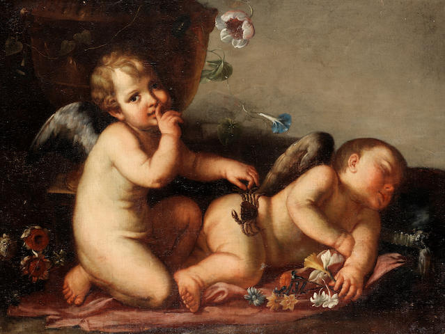 Roman School, early 18th Century A putto holding a crab beside a sleeping putto