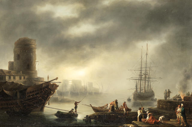 After Claude Joseph Vernet, late 18th Century A Mediterranean port at sunset with fishermen unloading their catch,