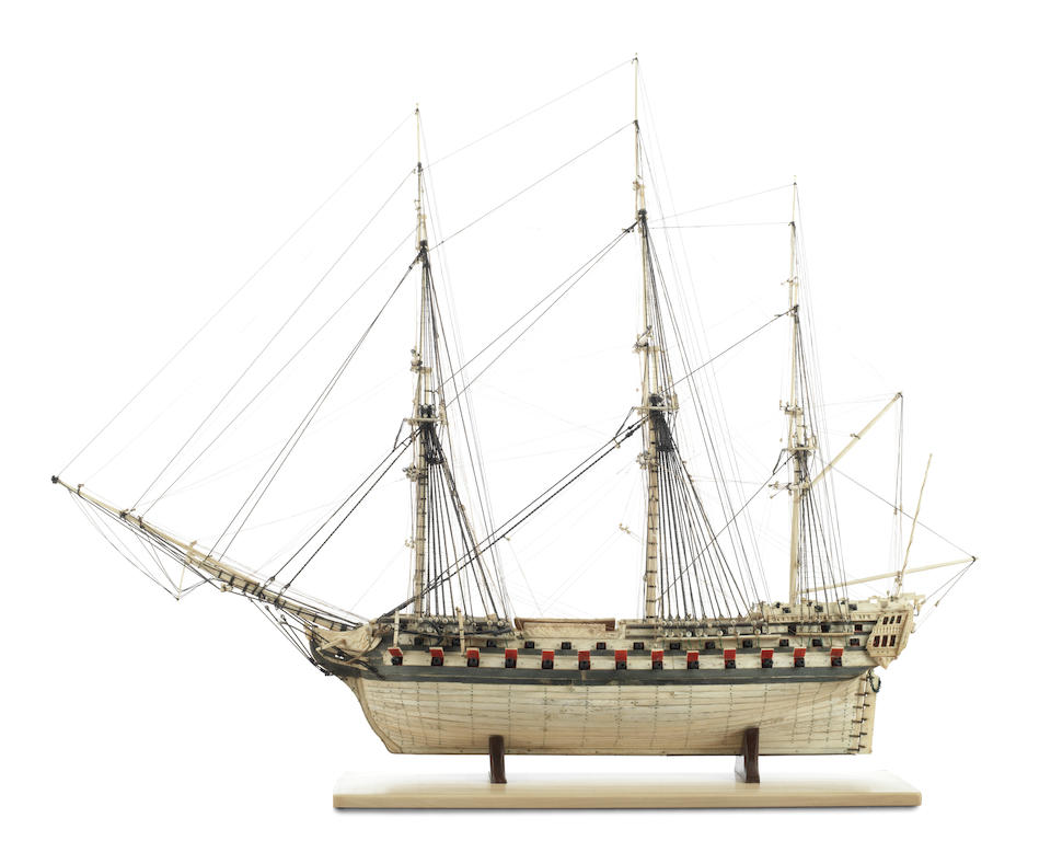 A large prisoner of war bone model of a 70-gun-ship-of-the-line,  Early 19th century,