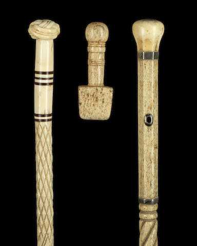 A carved whale bone and ivory walking stick,  English, mid 19th century,