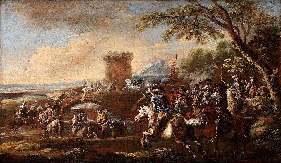 Francesco Graziani (active Naples and Rome, late 17th and early 18th Centuries) A cavalry skirmish before a landscape; and A cavalry skirmish on the banks of a river  and 19.6 x 32.8cm (7 3/4 x 13in). (2)