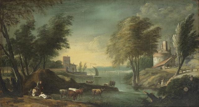 Veneto School, 18th Century  An extensive river landscape with drovers watering their cattle in the foreground  (together with 'The Pieta', oil on copper, by another hand, (2))